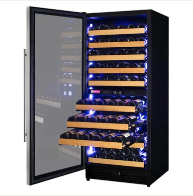 Allavino 119 Bottle 55" Tall Dual Zone Left Hinge Stainless Steel Wine Refrigerator - front view, door open, shelves pulled out with bottles of wine