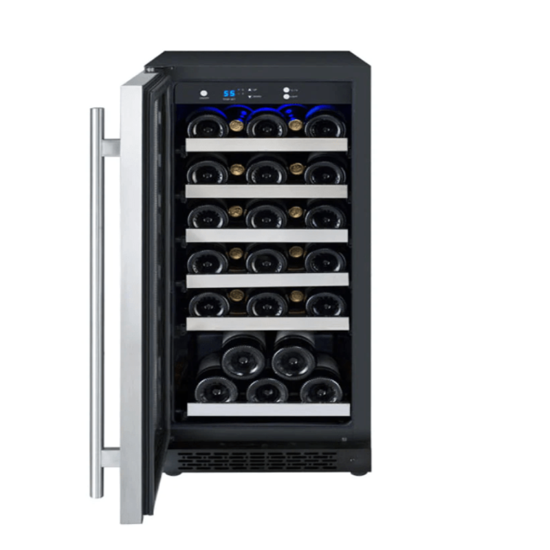 Allavino 15" Wide FlexCount II Tru-Vino 30 Bottle Single Zone Stainless Steel Left Hinge Wine Refrigerator - front view, door open, bottles on shelves
