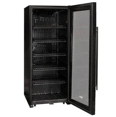 Allavino Contemporary 102 Bottle Single Zone Freestanding Wine Refrigerator with Black Glass Door - door open with empty shelves