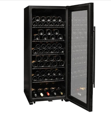 Allavino Contemporary 102 Bottle Single Zone Freestanding Wine Refrigerator with Black Glass Door - door open with bottles on shelves