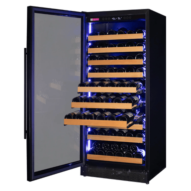 Allavino Reserva Series 119 Bottle 55 Tall Single Zone Left Hinge Black Glass Wine Refrigerator - Open view of wine refrigerator