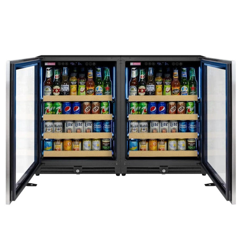 Allavino Reserva Series, Stainless Steel, Side-by-Side Beverage Center - doors open with beverages inside