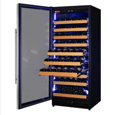 Allavino Reseva Series 119 Bottle 55" Tall Single Zone Left Hinge Stainless Steel Wine Refrigerator - door open and shelves pulled out