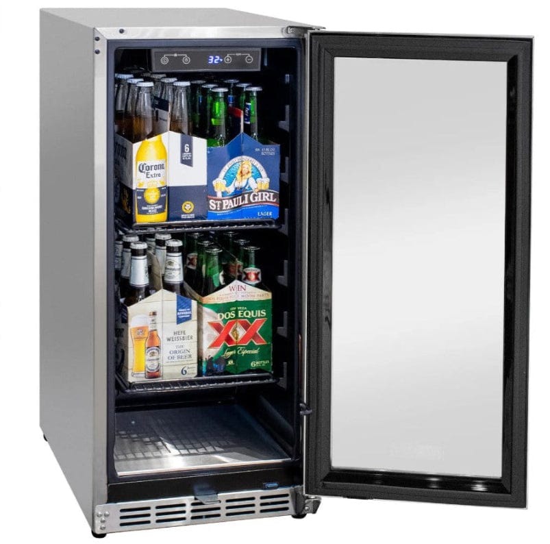 Front view with door open and six packs on shelves