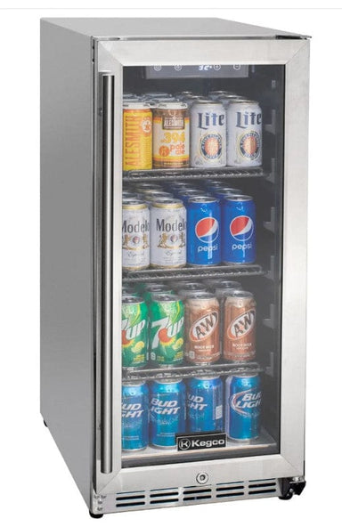 Front view with door closed and cans inside on shelves