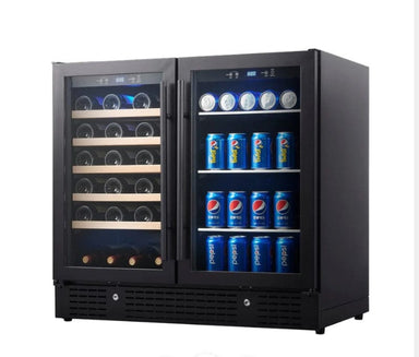 Black wine and beverage cooler with Pepsi cans and bottles inside on a white background