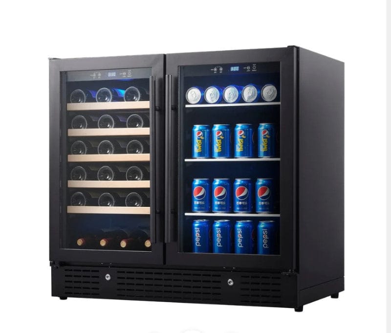 Black wine and beverage cooler with Pepsi cans and bottles inside on a white background