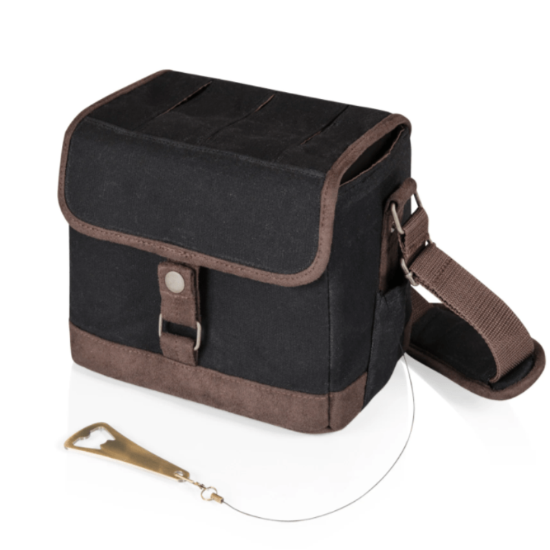 Legacy Barware Beer Caddy Cooler Tote With Opener - Black with Brown Accents - front view of tote