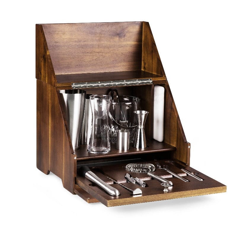 Legacy Madison Acacia Tabletop Bar Set - case open with bar tools inside