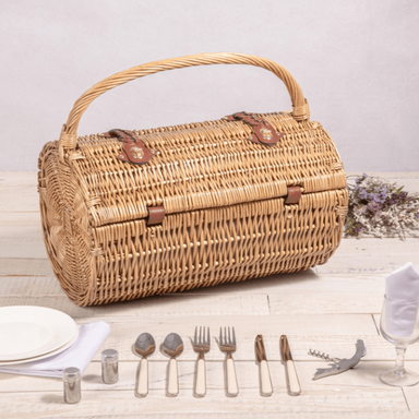 Picnic Time Barrel Picnic Basket - Closed View of Picnic Basket with Utensils around it