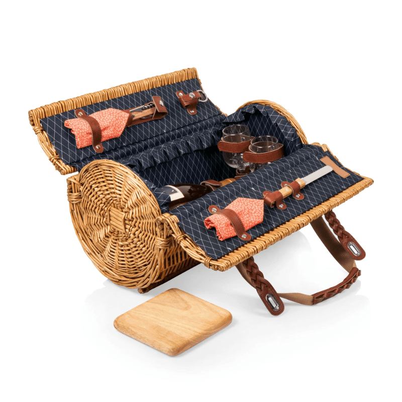 Picnic Time Verona Wine & Cheese Picnic - Adeline Collection - Deep Purple with Coral Pattern - Front and view of cheese picnic basket with cheese board beside it