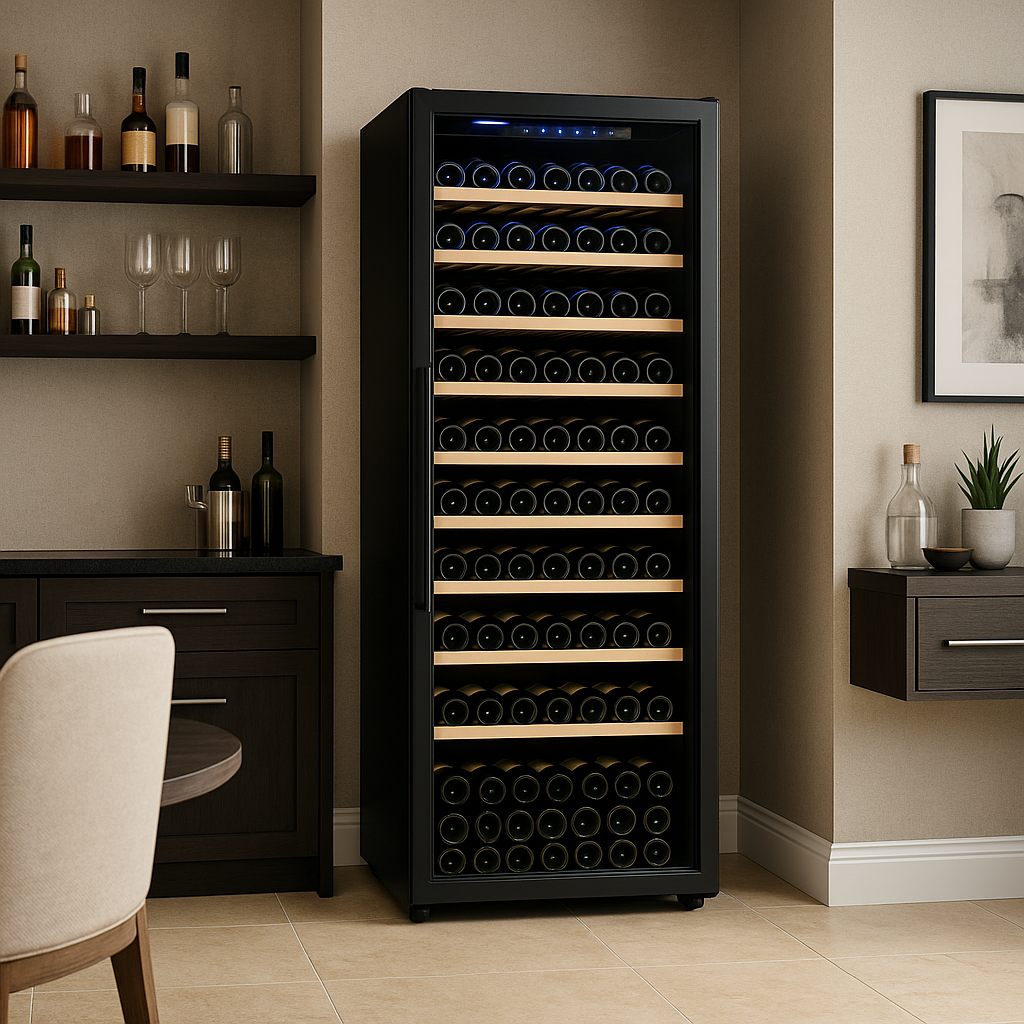 Sleek freestanding wine fridge in upscale home bar, ideal for collectors needing 277 to 300 bottle wine storage.