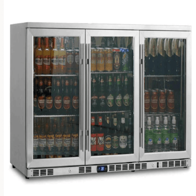 53 Inch Heating Glass 3 Door Large Beverage Refrigerator - front view with cans and bottles inside