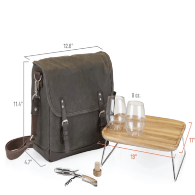 ADVENTURE WINE TOTE- with dimensions of tote, table, and wine glasses