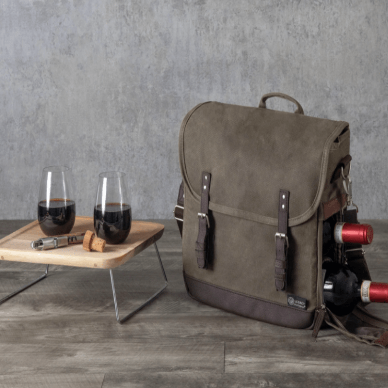 ADVENTURE WINE TOTE-wine tote with two bottles in tote and two glasses of wine on portable table