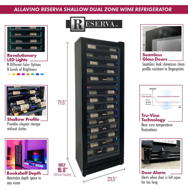 Allavino  - Reserva Series 67 Bottle 71 Tall Dual Zone Right Hinge Black Shallow Wine Refrigerator Console - Description of wine refrigerator