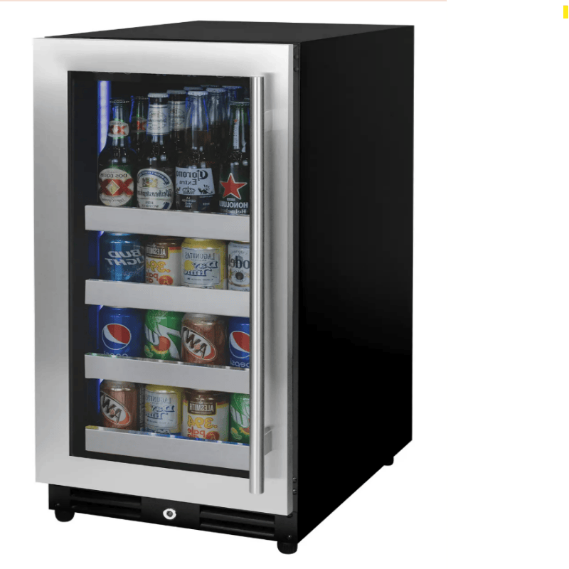 Allavino 15" Wide Reserva Beverage Center, Stainless Front Shelves, Left Hinge, door closed and front view