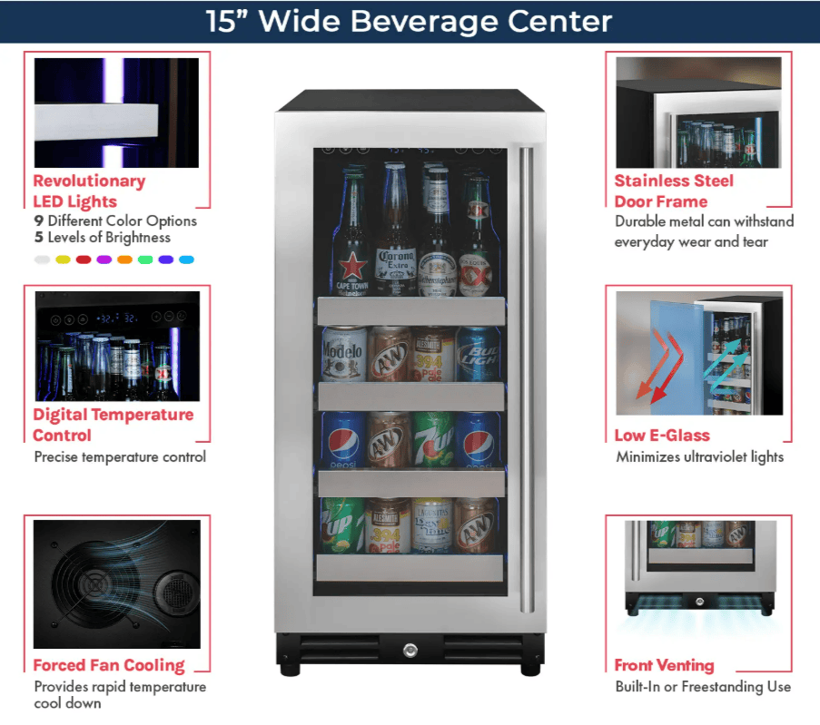 Allavino 15" Wide Reserva Beverage Center, Stainless Front Shelves, Left Hinge with features highlighted on a white background.