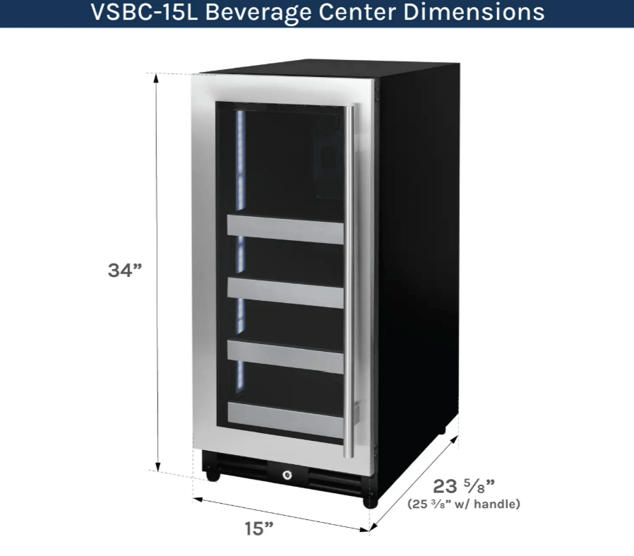 Beverage center dimensions labeled Allavino 15" Wide Reserva Beverage Center, Stainless Front Shelves, Left Hinge with dimensions labeled