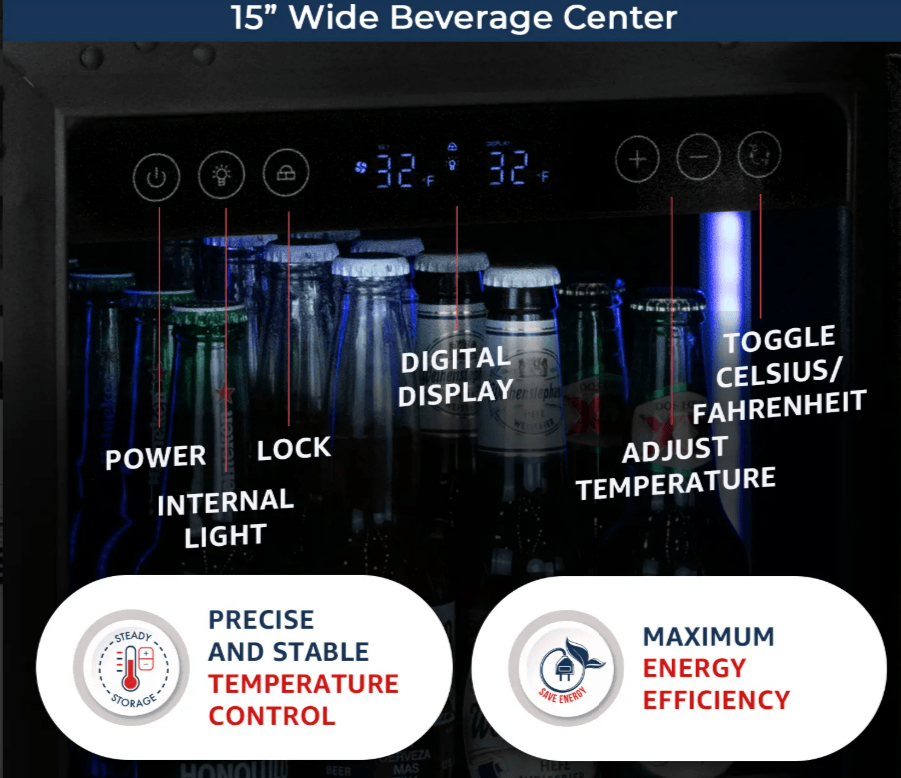 Control panel of Allavino 15" Wide Reserva Beverage Center, Stainless Front Shelves, Left Hinge with digital display and temperature control features.