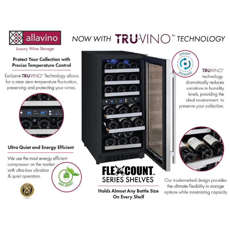 Allavino 15 Wide FlexCount II Tru-Vino 30 Bottle Dual Zone Stainless Steel Right Hinge Wine Refrigerator - Details of wine refrigerator