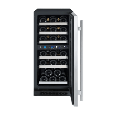 Allavino 15 Wide FlexCount II Tru-Vino 30 Bottle Dual Zone Stainless Steel Right Hinge Wine Refrigerator - Open view of wine refrigerator