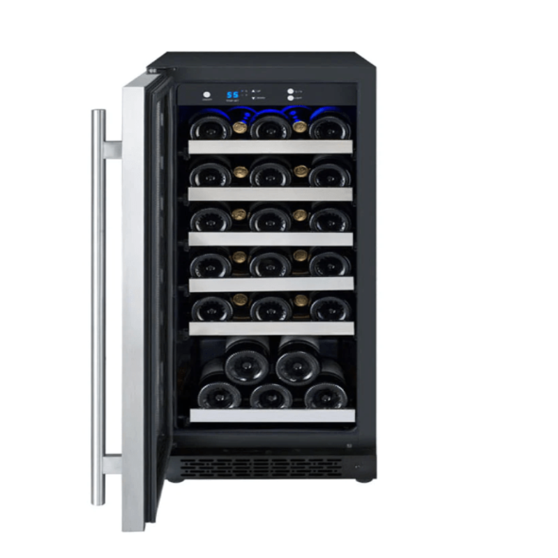 Allavino 15" Wide FlexCount II Tru-Vino 30 Bottle Single Zone Stainless Steel Left Hinge Wine Refrigerator -  front view, door open, bottles on shelves