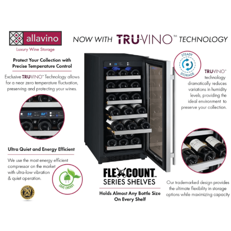 Allavino 15" Wide FlexCount II Tru-Vino 30 Bottle Single Zone Stainless Steel Right Hinge Wine Refrigerator - Tru-Vino technology features