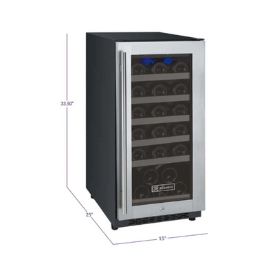 Allavino 15" Wide FlexCount II Tru-Vino 30 Bottle Single Zone Stainless Steel Right Hinge Wine Refrigerator - dimensions of the fridge