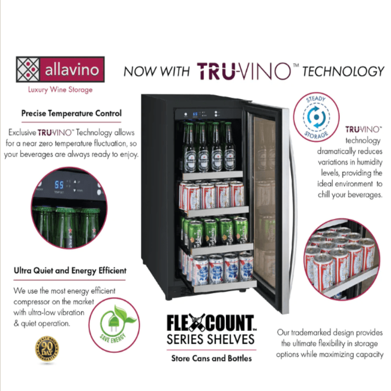 Allavino 15" Wide FlexCount II Tru-Vino Stainless Steel Left Hinge Beverage Center, SS, LHH - features of the cooler 