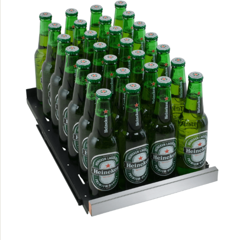 Allavino 15" Wide FlexCount II Tru-Vino Stainless Steel Left Hinge Beverage Center, SS, LHH - shelf with bottles of beer