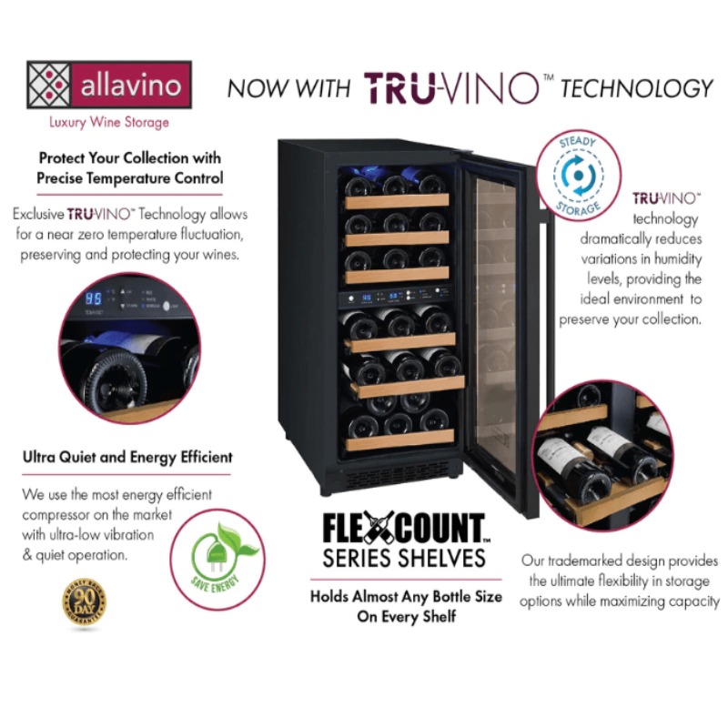 Allavino 15" Wide FlexCount II Tru-Vino Technology 30 Bottle Dual Zone Black Wine Refrigerator - Tru-Vino Technology Features