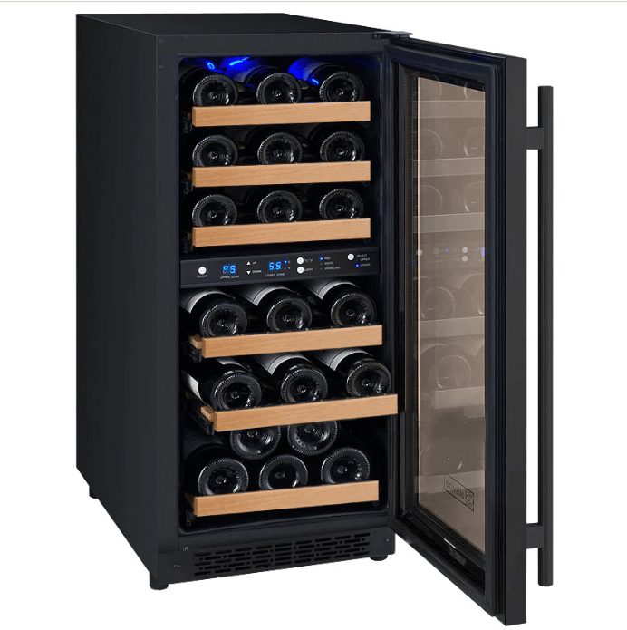 Allavino 15" Wide FlexCount II Tru-Vino Technology 30 Bottle Dual Zone Black Wine Refrigerator - front view with door open and bottles on shelves