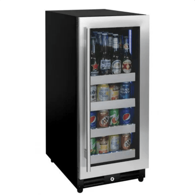 Allavino 15-Inch Reserva Series Beverage Center with Stainless Front Shelves door closed and filled with drinks
