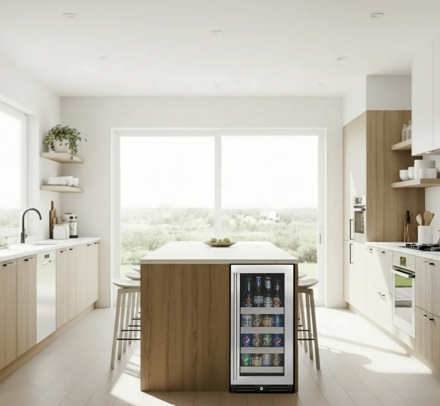 Allavino 15-Inch Reserva Series Beverage Center with Stainless Front Shelves built into modern kitchen cabinetry