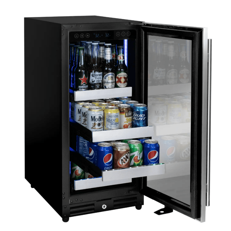 Allavino 15-Inch Reserva Series Beverage Center with Stainless Front Shelves with door open and shelves pulled out