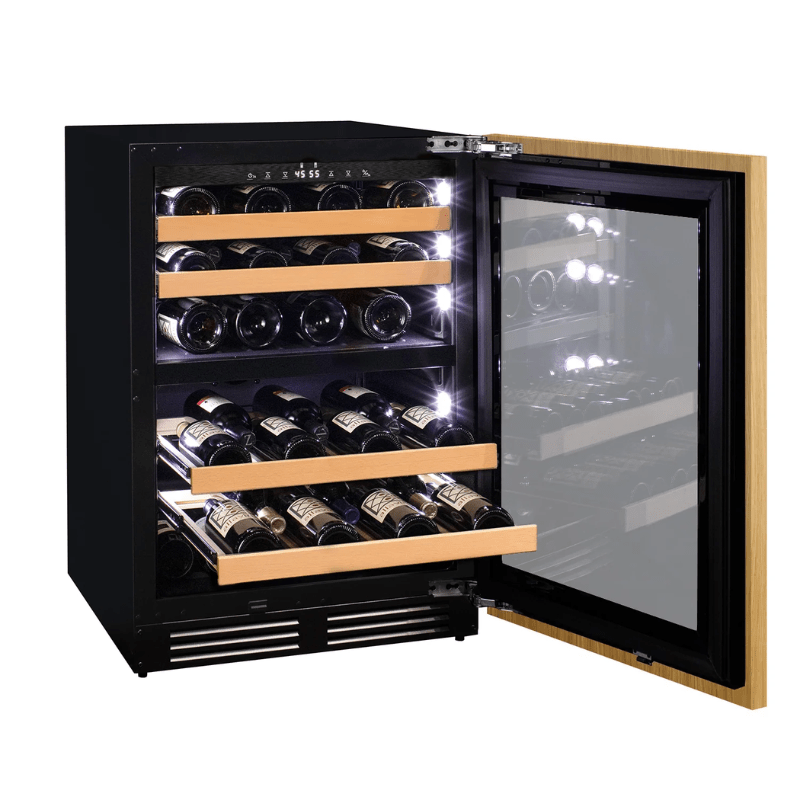 Allavino 24 Wide Dual Zone Panel Ready Wine Refrigerator - Open view of wine refrigerator