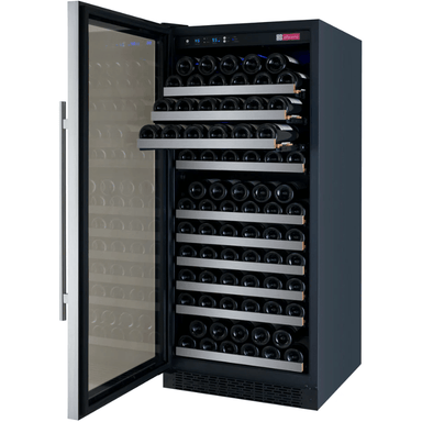 Allavino 24" Wide FlexCount II Tru-Vino 128 Bottle Single Zone Stainless Steel Left Hinge Wine Refrigerator - Open view of wine refrigerator