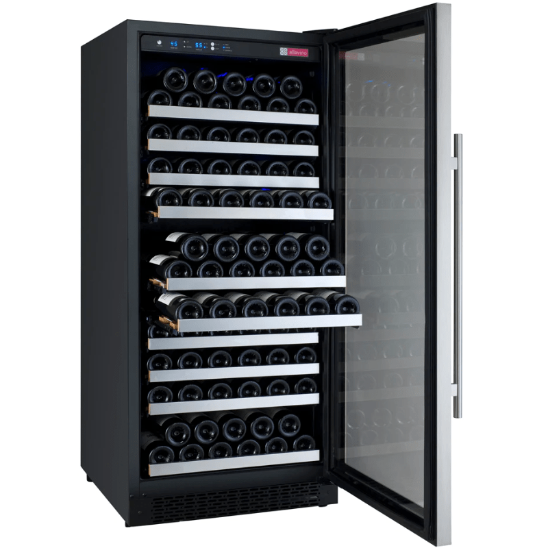 Allavino 24 Wide FlexCount II Tru-Vino 128 Bottle Single Zone Stainless Steel Right Hinge Wine Refrigerator - Open view of wine refrigerator