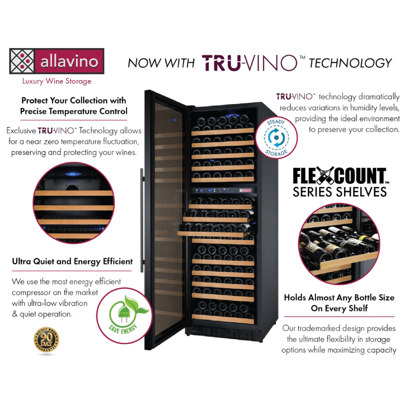 Allavino 24 Wide FlexCount II Tru-Vino 172 Bottle Dual Zone Black Left Hinge Wine Refrigerator - Description of wine refrigerator