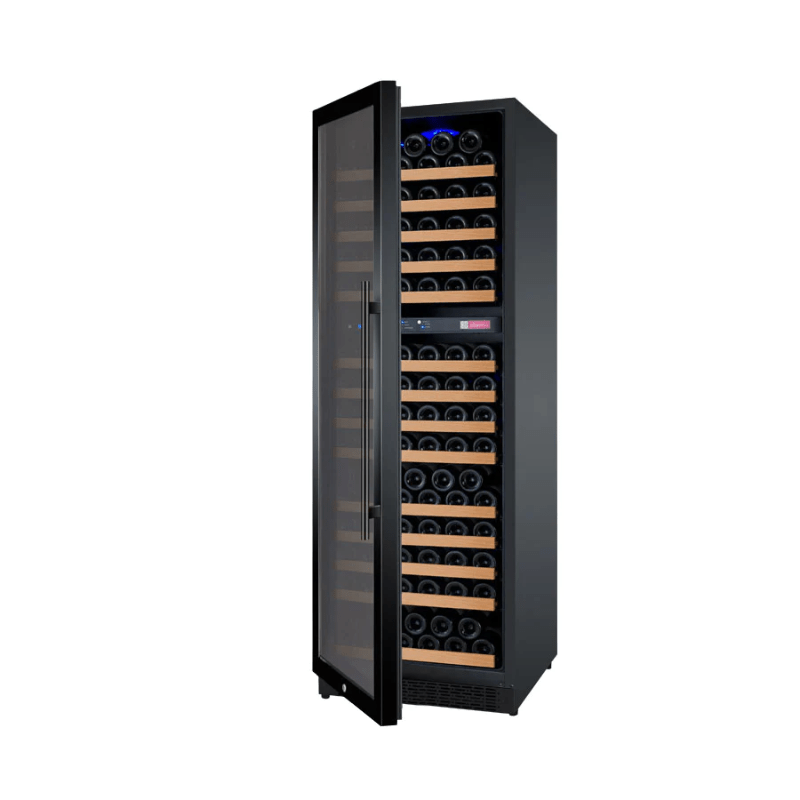 Allavino 24 Wide FlexCount II Tru-Vino 172 Bottle Dual Zone Black Left Hinge Wine Refrigerator - Open view of wine refrigerator