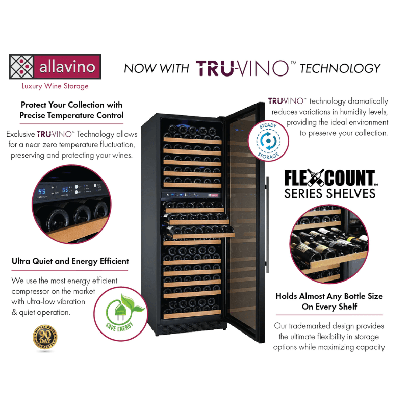 Allavino 24 Wide FlexCount II Tru-Vino 172 Bottle Dual Zone Black Right Hinge Wine Refrigerator - Description of wine refrigerator