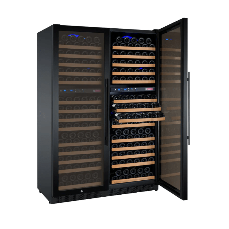 Allavino 24 Wide FlexCount II Tru-Vino 172 Bottle Dual Zone Black Right Hinge Wine Refrigerator - Open view of wine refrigerator