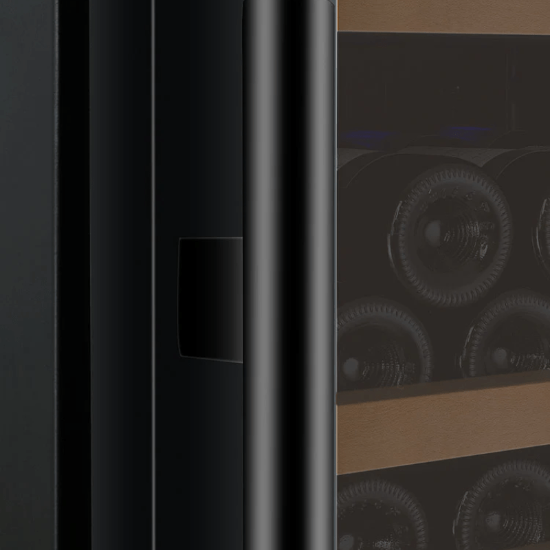 Allavino 24 Wide FlexCount II Tru-Vino 172 Bottle Dual Zone Black Right Hinge Wine Refrigerator - Handle bar of wine refrigerator