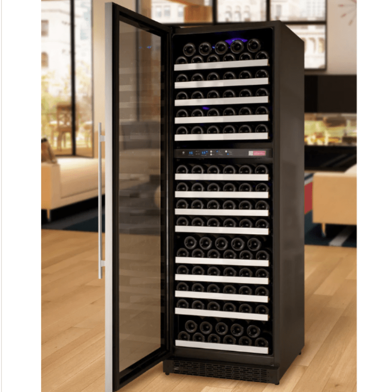 Allavino 24" Wide FlexCount II Tru-Vino 172 Bottle Dual Zone Stainless Steel Left Hinge Wine Refrigerator - freestanding in a room