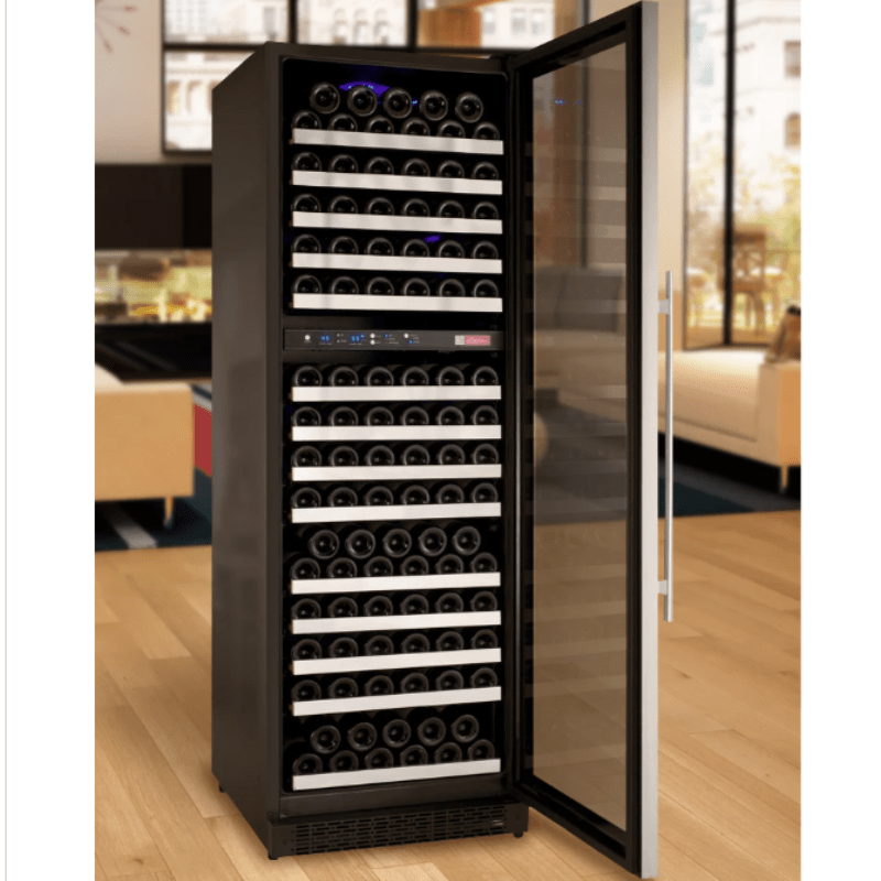 Allavino 24" Wide FlexCount II Tru-Vino 172 Bottle Dual Zone Stainless Steel Right Hinge Wine Refrigerator - freestanding in a room