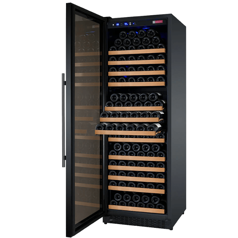 Allavino 24 Wide FlexCount II Tru-Vino 177 Bottle Single Zone Black Left Hinge Wine Refrigerator - Open view of wine refrigerator