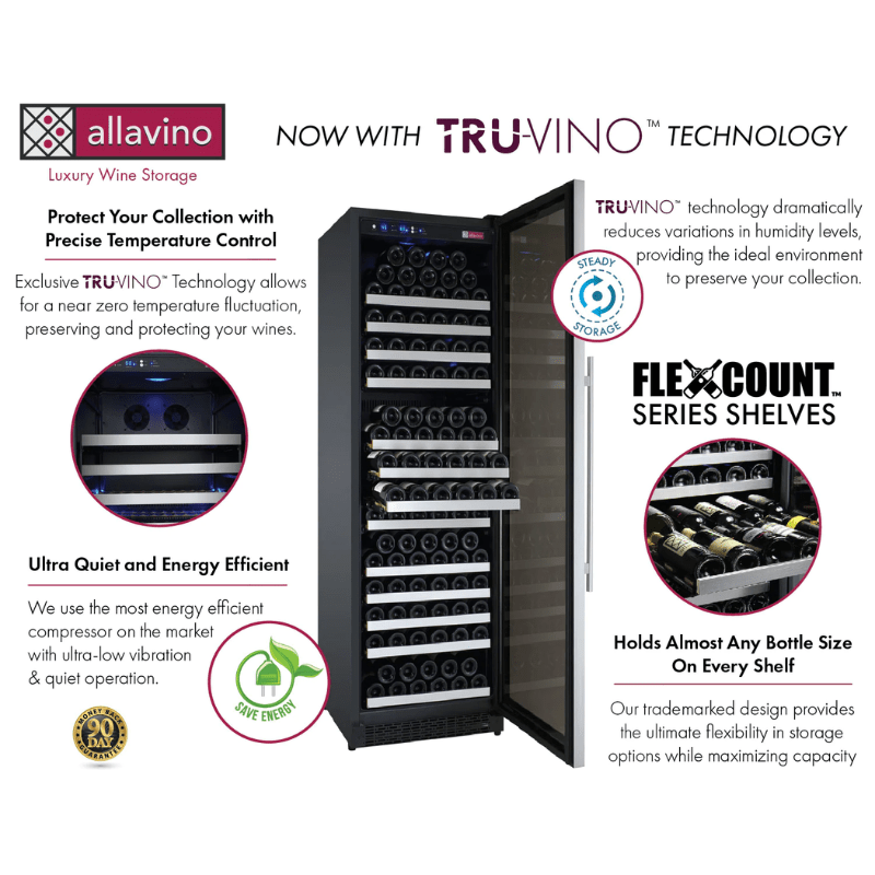 Allavino 24 Wide FlexCount II Tru-Vino 177 Bottle Single Zone Stainless Steel Right Hinge Wine Refrigerator Description of wine refrigerator