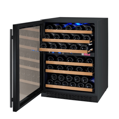 Allavino 24 Wide FlexCount II Tru-Vino 56 Bottle Dual Zone Black Left Hinge Wine Refrigerator - Open view of wine refrigerator