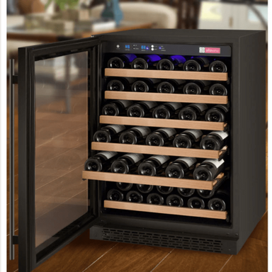 Allavino 24" Wide FlexCount II Tru-Vino 56 Bottle Single Zone Black Left Hinge Wine Refrigerator - freestanding in a room